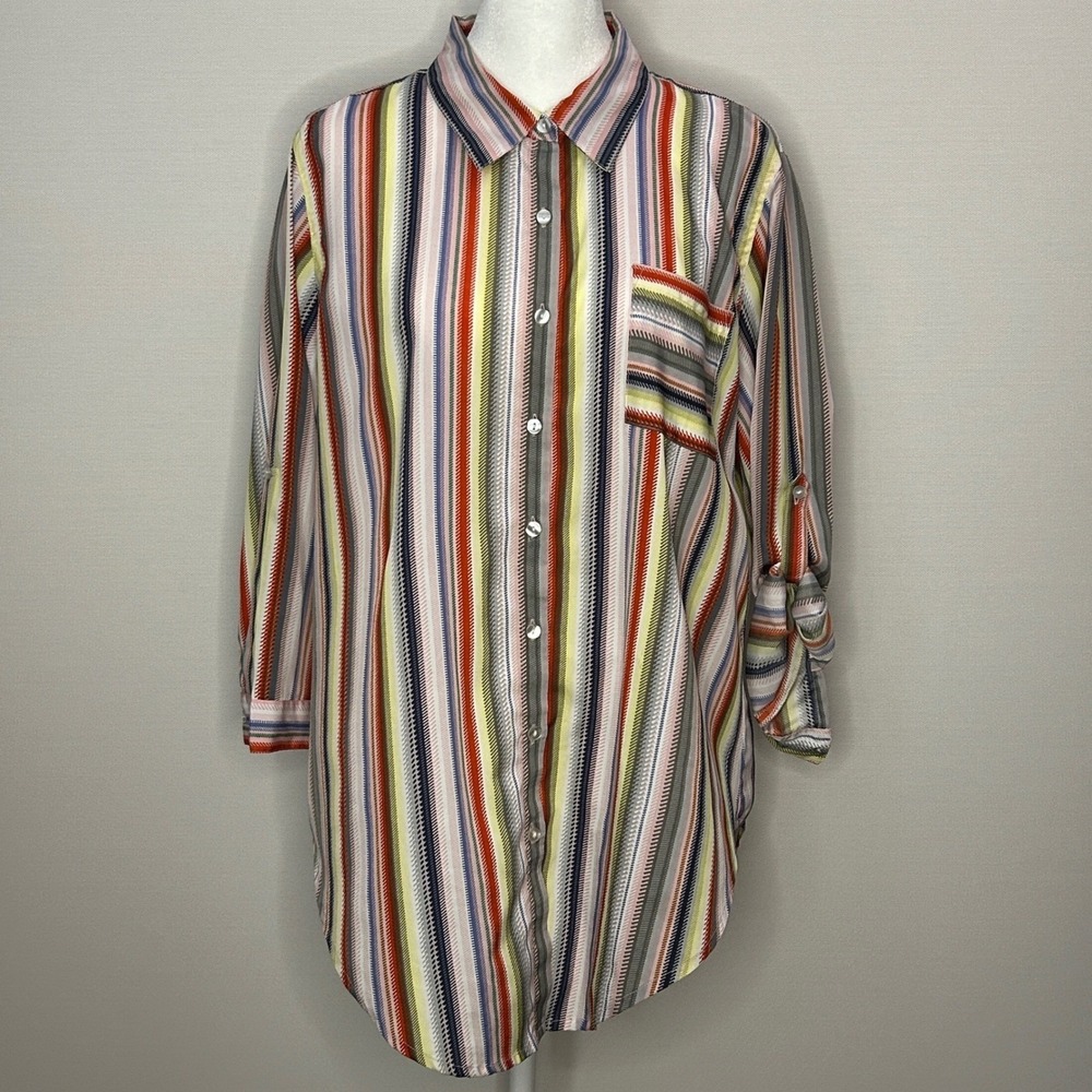 Maggie & Max Colorful Striped Roll Tab Long Sleeve Tunic Shirt L Business Casual